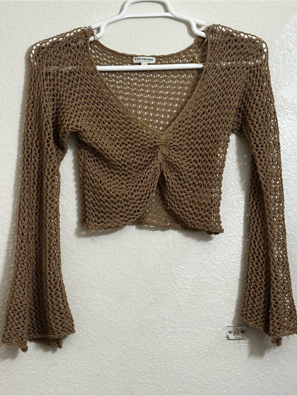 EARTHBOUND Brown Crochet Knit Tie-Front Crop Top